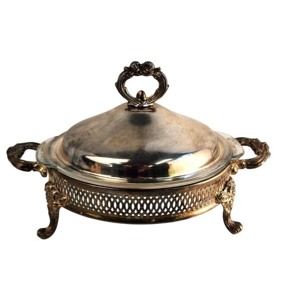 Silverplate Covered glass Casserole Dish 9” pie server Dinning party ware vintag - Picture 1 of 10
